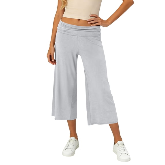 Womens Fold Over Waist Capri Pants, Wide Leg Cropped Trousers Soft Stretch Bottoms for Yoga White 3XL