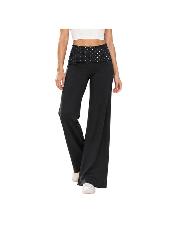 Womens Fold Over Yoga Pants, Wide Leg Stretchy Workout Pants, Polka Dot High Waist Lounge Pants for Casual Daily Outfits