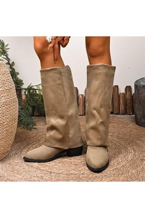 Womens Foldable Cuff Slouch Suede Mid Calf Boots Pull On Low Chunky Heel Round Toe Relax Fit Booties for Casual Shopping Fall Winter Wear Khaki 41