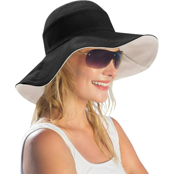 Womens Foldable Shapeable Brim Sun Hat UPF 50 Cotton Wide Brim Beach Adjustable Chin Strap Hat Sun Protection Cap
