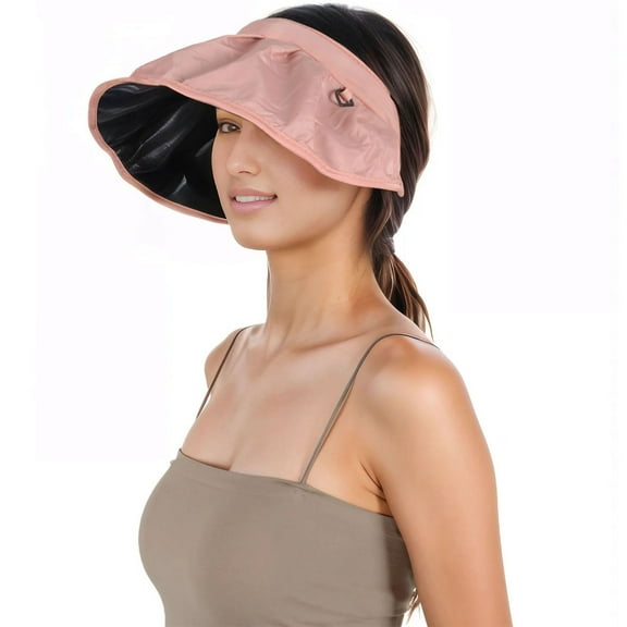 Womens Foldable Visors Sun Hat Wide Brim Roll-up Headband UV Protection Beach Hat- Pink