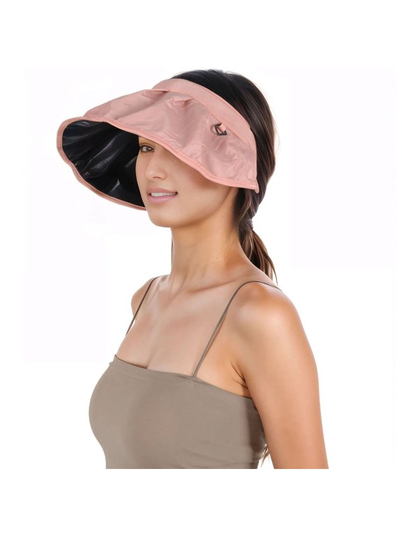 Womens Foldable Visors Sun Hat Wide Brim Roll-up Headband UV Protection Beach Hat- Pink