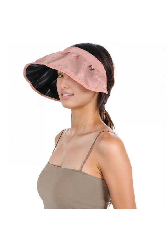 Womens Foldable Visors Sun Hat Wide Brim Roll-up Headband UV Protection Beach Hat- Pink