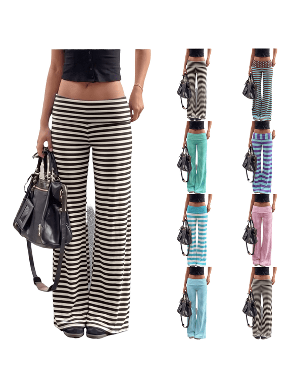 Womens Foldover Pants Wide Leg Flare Y2k Sweatpants Low Rise Lounge Bottoms Strip Leggings Cute Straight Leg Yoga Pants