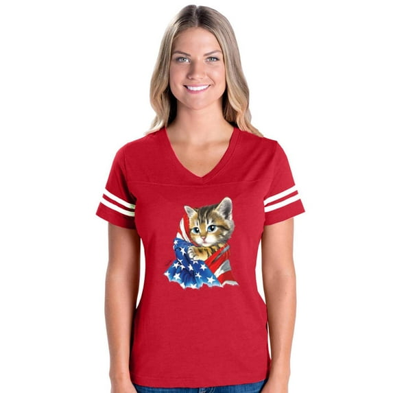 Womens Football Fine Jersey T-shirts - American Flag 4th of July Kitty