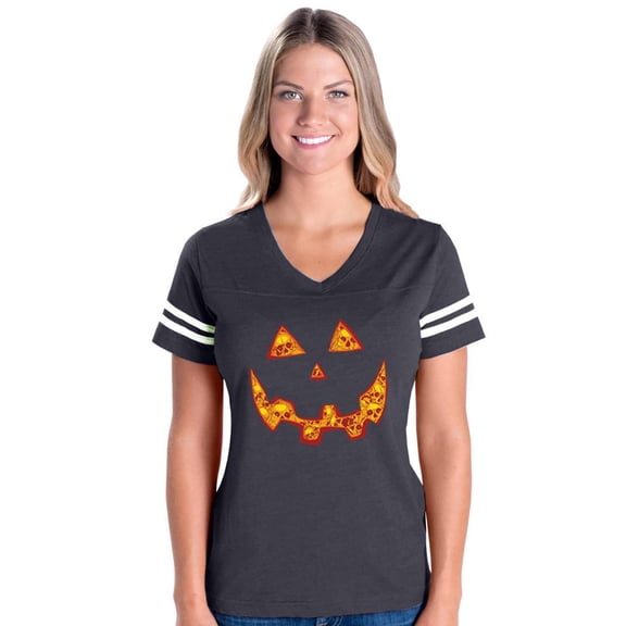 Womens Football Fine Jersey T-shirts - Halloween Costume Pumpkin Face