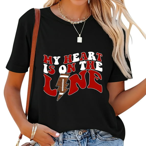 Womens Football My Heart Is On The Line Offensive Lineman Red Short Sleeve T Shirt Black