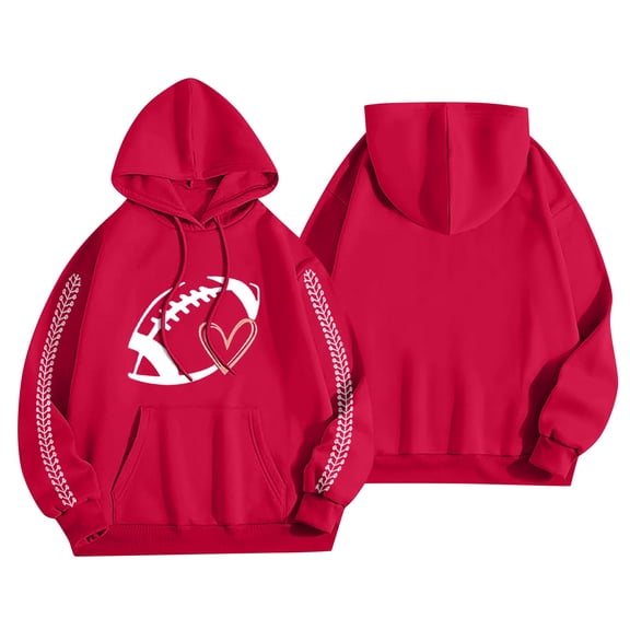 Womens Football Shirts Game Day Baggy Hoodie Pullover Hoodies Heart Graphic Shirts Basic Tee Football Print Sports Clothes Gift Game Day Sweatshirts Mom Shirts Long Sleeve Sunday Funday Shirt Red