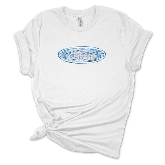 Womens Ford Tshirt Ford Motor Company Rhinestone Oval Logo Short Sleeve T-shirt-White-small