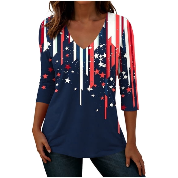 Womens Fourth of July Shirt 3/4 Sleeve Tunic Tops 250th Anniversary Usa Flag Shirt V Neck Casual Blouse Patriotic Outfit