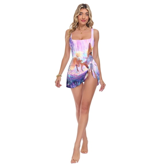 Womens Fox Crystal Print 2-in-1 Swim Dress Detachable Skirt One-Piece Swimsuit Square Neck S-XXL