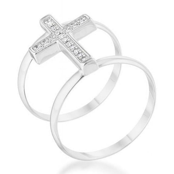 Womens Francis 0.08 CT Cubic Zirconia Rhodium Contemporary Cross Ring - Size 7