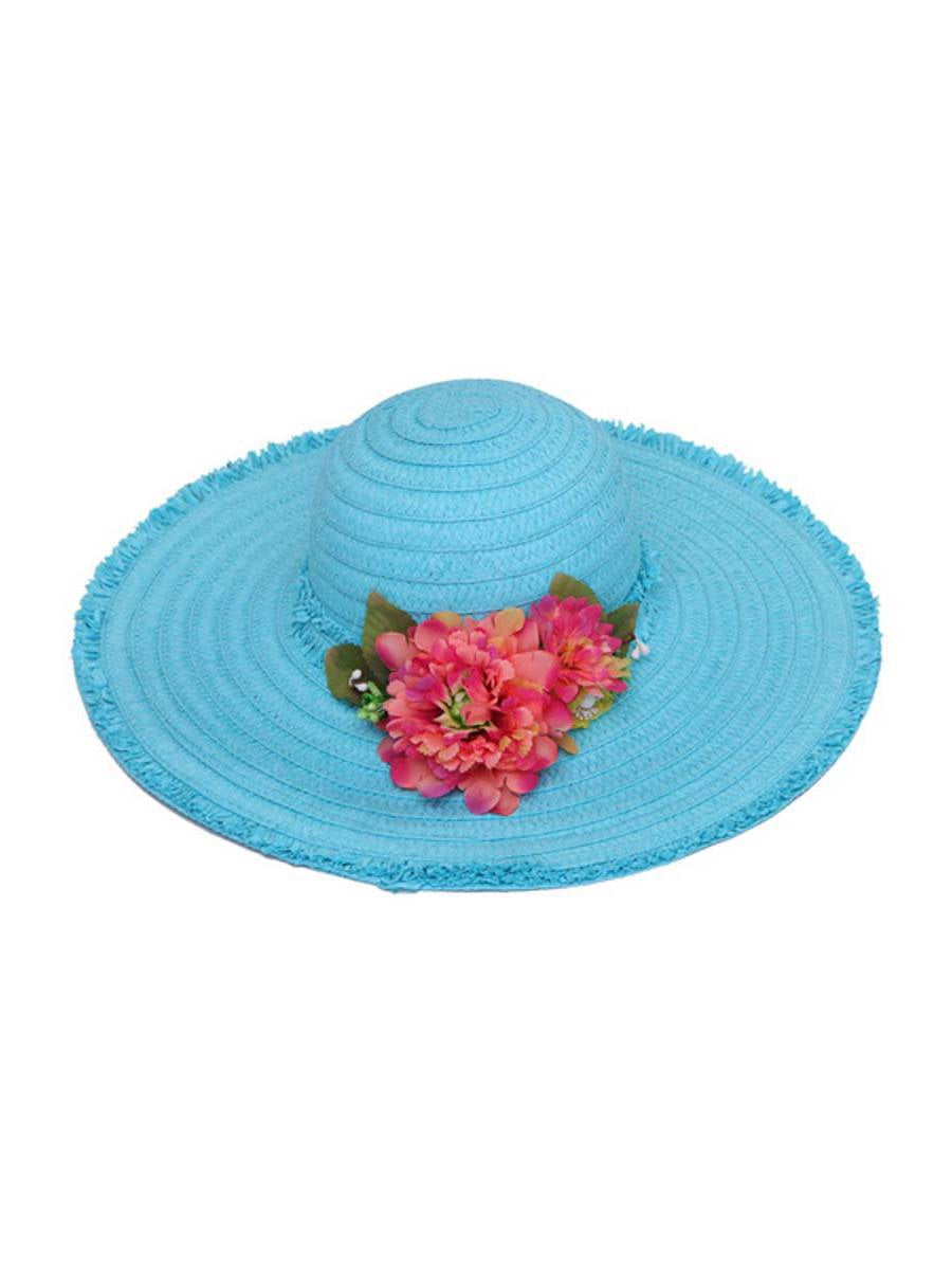 Womens Frayed Wide Brim Sun Hat w/ Flower - Turquoise  display picture 1
