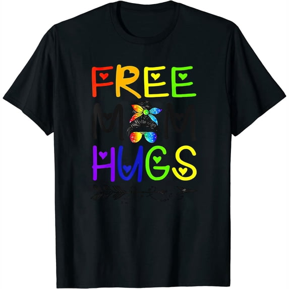 Womens Free Mom Hugs Messy Bun Rainbow LGBT Pride T-Shirt Black 2X-Large