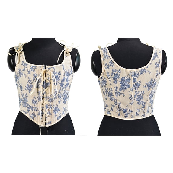 Womens French Retro Lace-Up Boned Corset Vest Short Bustier Comfortable Elegant Shapewear Beige L