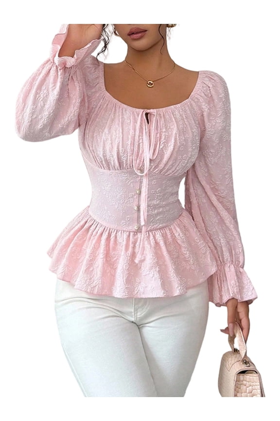 Womens French Style Design U Neckline Tie Front Long Sleeve Blouse Shirt Elegant Casual Wear Pink S
