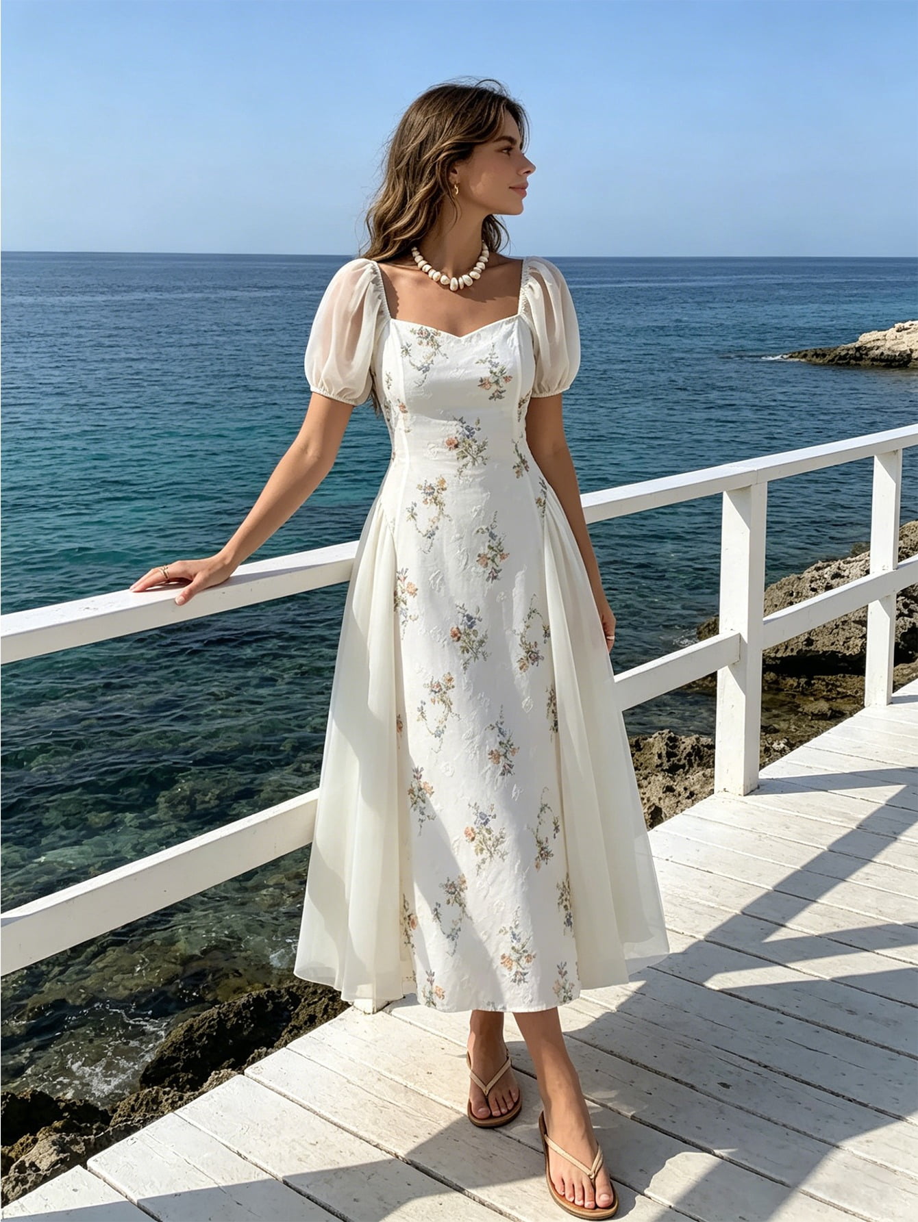 white flowy midi dress with sleeves White Linen Midi Dress
