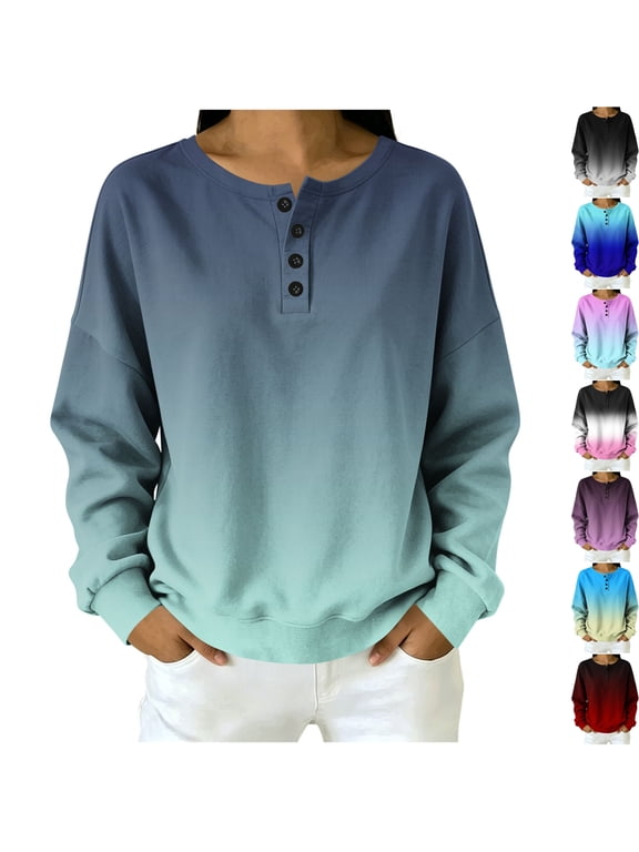 Womens French Terry Casual Gradient Henley Sweatshirt Slouchy Long Sleeve Drop Shoulder Pullover for Cozy Lounge Daily Wear Fall Outfits, Army Green, M