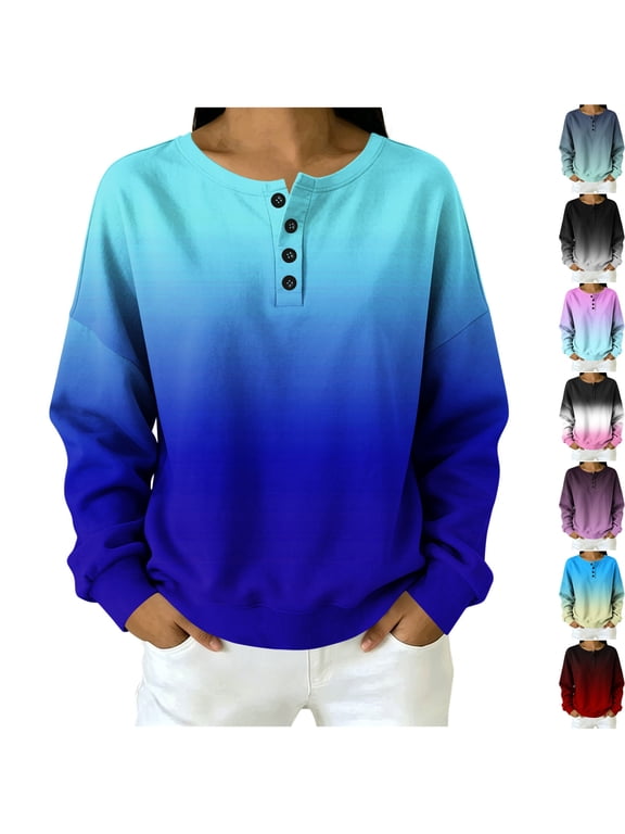 Womens French Terry Casual Gradient Henley Sweatshirt Slouchy Long Sleeve Drop Shoulder Pullover for Cozy Lounge Daily Wear Fall Outfits, Blue, M