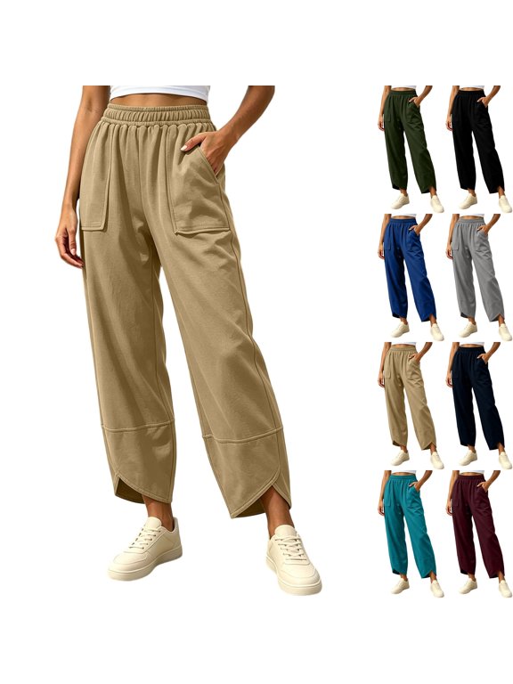 Womens French Terry Cropped Pants Petal Split Hem Stretchy High Waisted Barrel Wide Leg Trousers Fall Going Out Daily Wear with Patch Pockets, Khaki, S