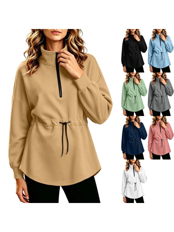 Womens French Terry Long Sleeve 1/4 Zip Tunic Pullover Cinched Drawstring Waist Sweatshirt Mock Neck Fall Curved Hem Tops to Wear with Leggings , Khaki, XXL