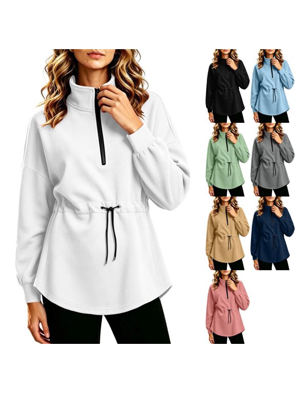 Womens French Terry Long Sleeve 1/4 Zip Tunic Pullover Cinched Drawstring Waist Sweatshirt Mock Neck Fall Curved Hem Tops to Wear with Leggings , White, XXL