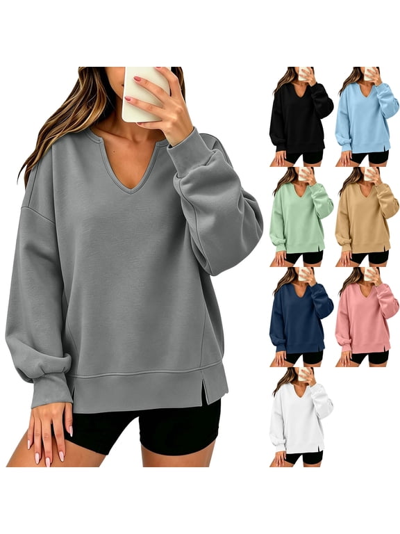 Womens French Terry Sweatshirt Long Sleeve Notch V Neck Slouchy Drop Shoulder Pullover Side Slit Cozy Casual Tunic Tops to Wear with Leggings, Gray, XXL