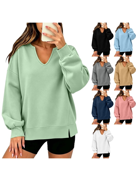 Womens French Terry Sweatshirt Long Sleeve Notch V Neck Slouchy Drop Shoulder Pullover Side Slit Cozy Casual Tunic Tops to Wear with Leggings, Green, XXL