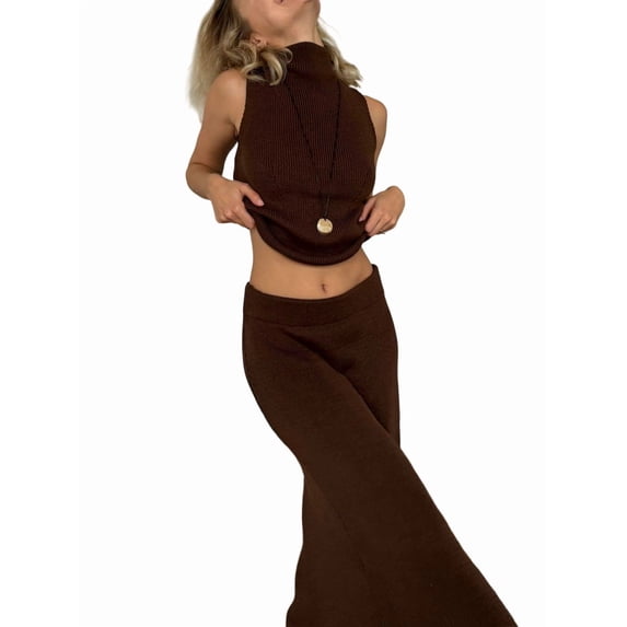 Womens French Two Piece Set Knit High Neck Vest and Midi Skirt Outfit Versatile Chic Brown M