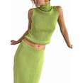 thumbnail image 1 of Womens French Two Piece Set Knit High Neck Vest and Midi Skirt Outfit Versatile Chic Green S, 1 of 9