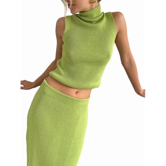 Womens French Two Piece Set Knit High Neck Vest and Midi Skirt Outfit Versatile Chic Green S