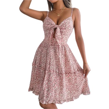 Womens Frill Ditsy Floral Spaghetti Strap Mini Dress with Tie Front and Sheer Details Fifty% Polyester Fabric Today