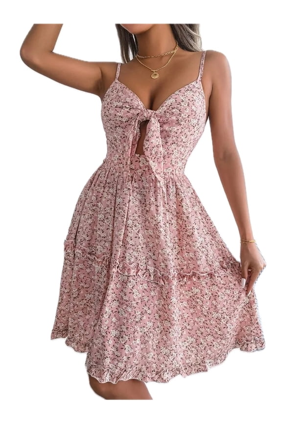 Womens Frill Ditsy Floral Spaghetti Strap Mini Dress with Tie Front and Sheer Details Fifty% Polyester Fabric Today