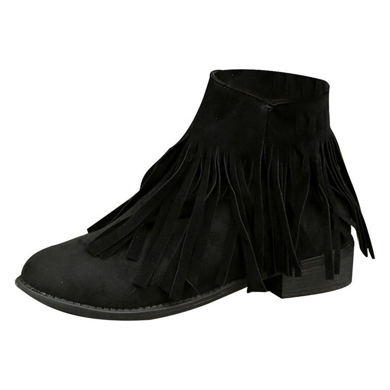 Womens Fringe Ankle Boots Fall Winter Retro Low Block Heel Pointed Toe Short Booties Side Zipper Faux Suede Boots Walmart
