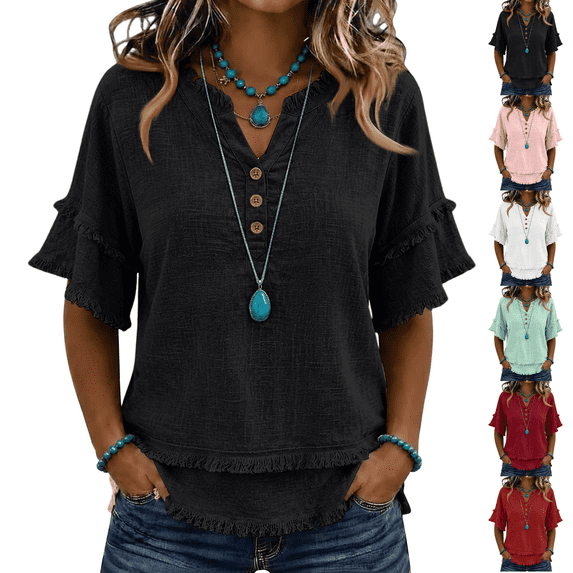 Womens Fringe Boho Tops Casual Cotton Linen Distressed V Neck Shirts Short Sleeve Gauze Blouses Raw Edge Hem Black S