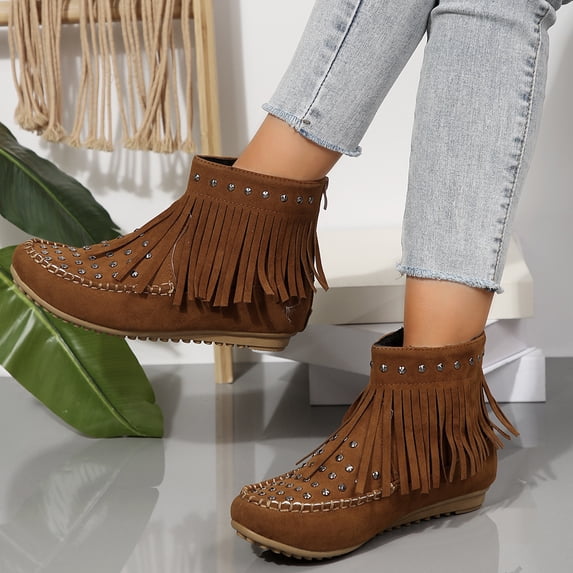 Womens Fringe Boots, Studded Ankle Booties, Suede Moccasin Boots, Flat Winter Footwear, Women Fringe Ankle Boots Spiked Studded Suede Moccasin Booties Flat Non Slip Warm Winter Shoes, Brown 6