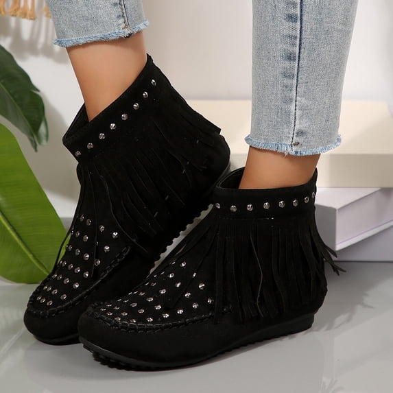 Womens Fringe Boots, Studded Ankle Booties, Suede Moccasin Boots, Flat Winter Footwear, Women Fringe Ankle Boots Spiked Studded Suede Moccasin Booties Flat Non Slip Warm Winter Shoes, Black 9
