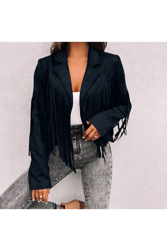 Womens Fringe Faux Suede Cropped Jacket, Open Front Western Boho Coat Black,Size M