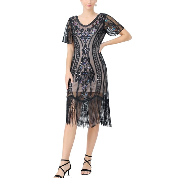 Womens Fringe Flapper Dress 1920S Sequined Embellished Fringed Short Sleeve