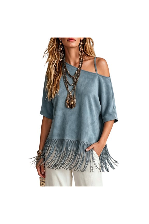 Womens Fringe Hem Tops Cold Shoulder Short Sleeve Faux Suede Tassel Trim T Shirts Loose Casual Fashion Daily Summer Blouses Light Blue S
