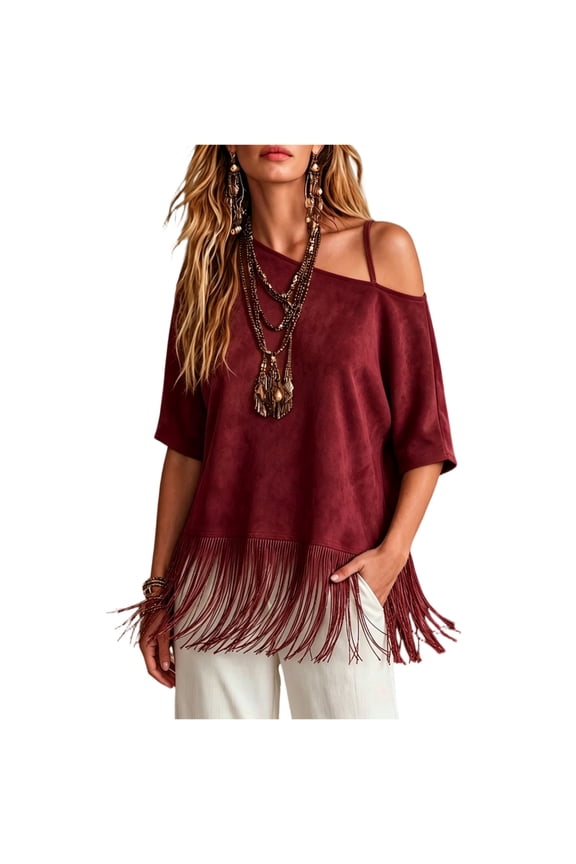 Womens Fringe Hem Tops Cold Shoulder Short Sleeve Faux Suede Tassel Trim T Shirts Loose Casual Fashion Daily Summer Blouses Red 3XL