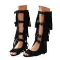 thumbnail image 1 of Womens Fringe Knee High Flat Boots Gladiator Open Toe Tassel Backless Sandals Strap Buckle Party Fashion Dress Shoes Black Size 9, 1 of 6