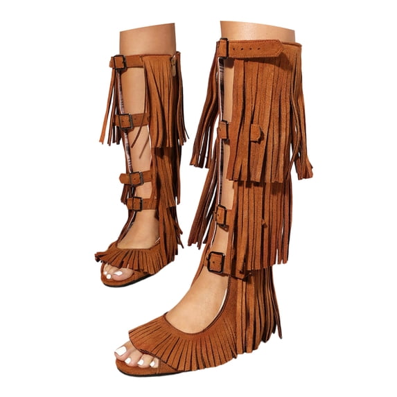 Womens Fringe Knee High Flat Boots Gladiator Open Toe Tassel Backless Sandals Strap Buckle Party Fashion Dress Shoes Yellow Size 8