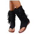 thumbnail image 1 of Womens Fringe Lace up Knee High Boots Flat Gladiator Caged Low Heeled Tassel Sandals Party Prom Flip Flops Black Size 7.5, 1 of 6