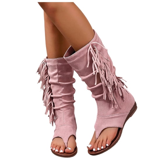 Womens Fringe Lace up Knee High Boots Flat Gladiator Caged Low Heeled Tassel Sandals Party Prom Flip Flops Pink Size 7