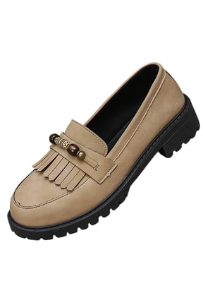 Womens Fringe Loafers Slip On Platform Lug Sole Beaded Boho Casual Vegan Faux Leather Comfortable Shoes Khaki,Size 5.5