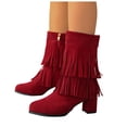thumbnail image 1 of Womens Fringe Mid Calf Dress Boots for Ladies 2025 Winter Fall Suede Chunky Block High Heel Short Booties Red Size 7, 1 of 6