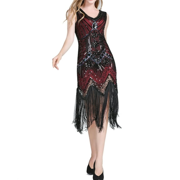 Womens Fringe Sequin 1920 1920s Mardi Gras Flapper Great Gatsby Dress Burgundy