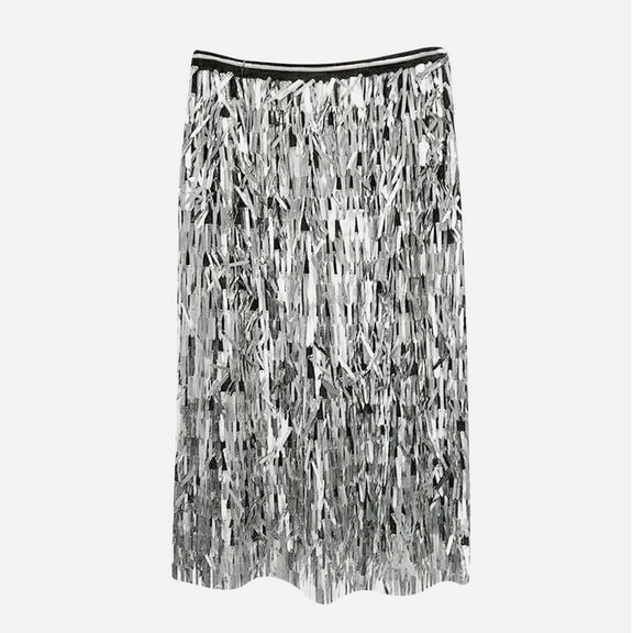 Womens Fringe Skirt Stretchy Sparkly Bodycon Tassel Trim Midi Skirt High Waist Clubwear Party Skinny Skirt Silver,XL