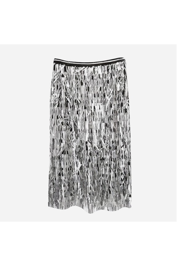 Womens Fringe Skirt Stretchy Sparkly Bodycon Tassel Trim Midi Skirt High Waist Clubwear Party Skinny Skirt Silver,XL